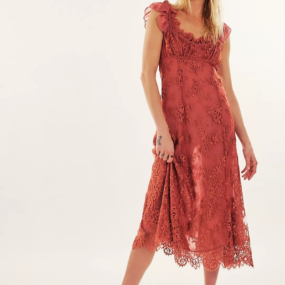 For Love And Lemons Terracotta Lace Midi Dress
